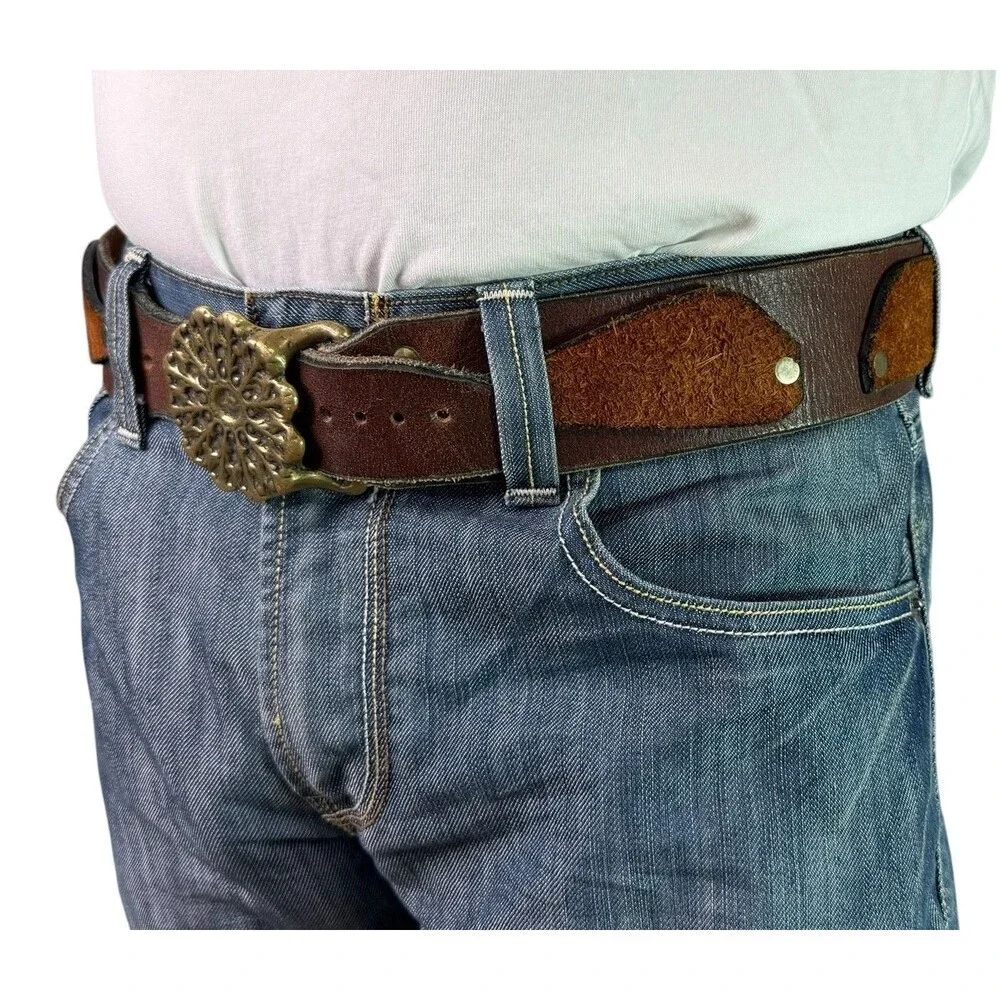 Vintage 70's Brown Leather & Suede Patchwork Belt w/ Floral Solid Brass Buckle L